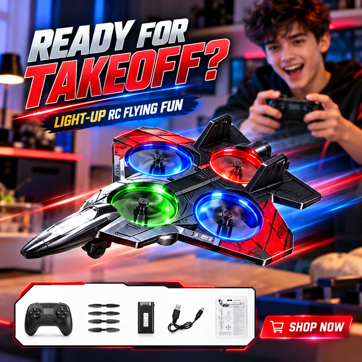 E72 RC Stunt Drone 2.4GHz 4-Channel Altitude Hold 360° Flip LED Fighter Toy , Remote Control Stunt Aircraft with Colorful Lights