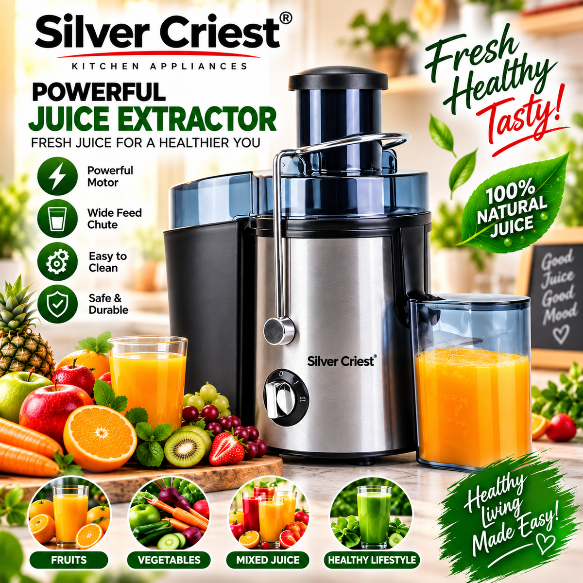 Silver Criest SC-A01 Juice Extractor 500ML  – Juicer for Fruits & Vegetables | Anti-Drip & Anti-Slip Design for Fast Juice Extraction
