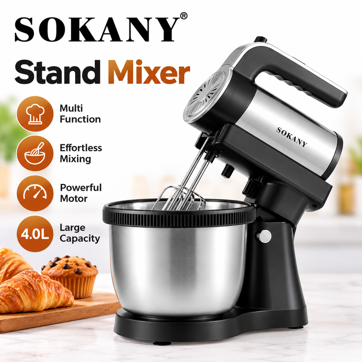 SOKANY SK-6662 Electric Stand Mixer 1000W - 5-Speed Tilt-Head Mixer with Stainless Steel Bowl, Dough Hook, Wire Whisk & Beater for Baking & Food Mixing