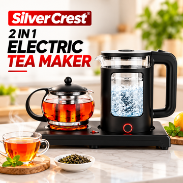 Silver Cerst 2-in-1 Glass Electric Kettle & Teapot, Heat-Resistant Glass Body, Fast Heating, 360 Swivel Base, Black| Model 10067