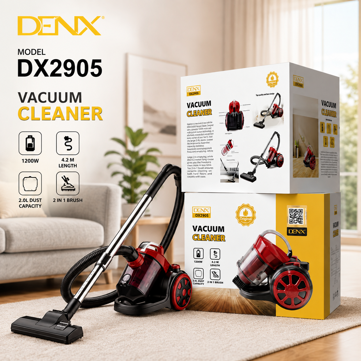 DenxDX2905 Vacuum Cleaner 1200W | Bagless Canister Vacuum | 2.2L Dust Capacity | 4.2m Power Cord | 2-in-1 Brush | Powerful Home Cleaning Machine