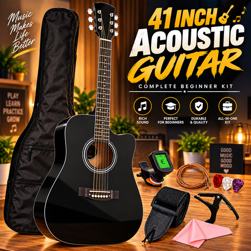 41 Inch Professional l Acoustic Guitar – Full Size Beginner Guitar with Carry Bag & Accessories, Gloss Finish Acoustic Guitar | KJ41C