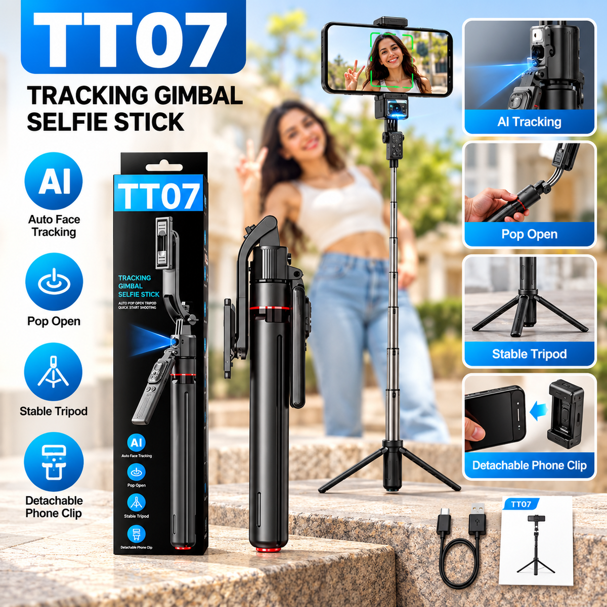 TT07 AI Tracking Gimbal Selfie Stick with Tripod & Remote Control – 1.63M | Auto Face Tracking, Black Extendable Monopod with Wireless Remote