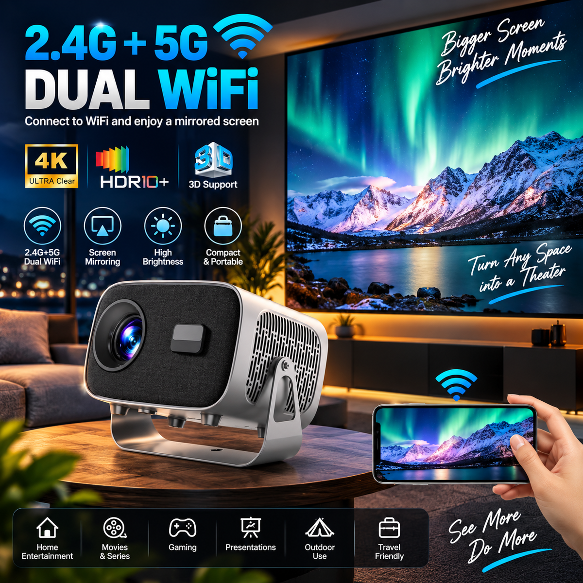 A10 Android Projector Support WIFI/BT5.0 4K Portable Projector with Autofocus & Keystone 5W Speakers Smart Home Projector for Phone Laptop