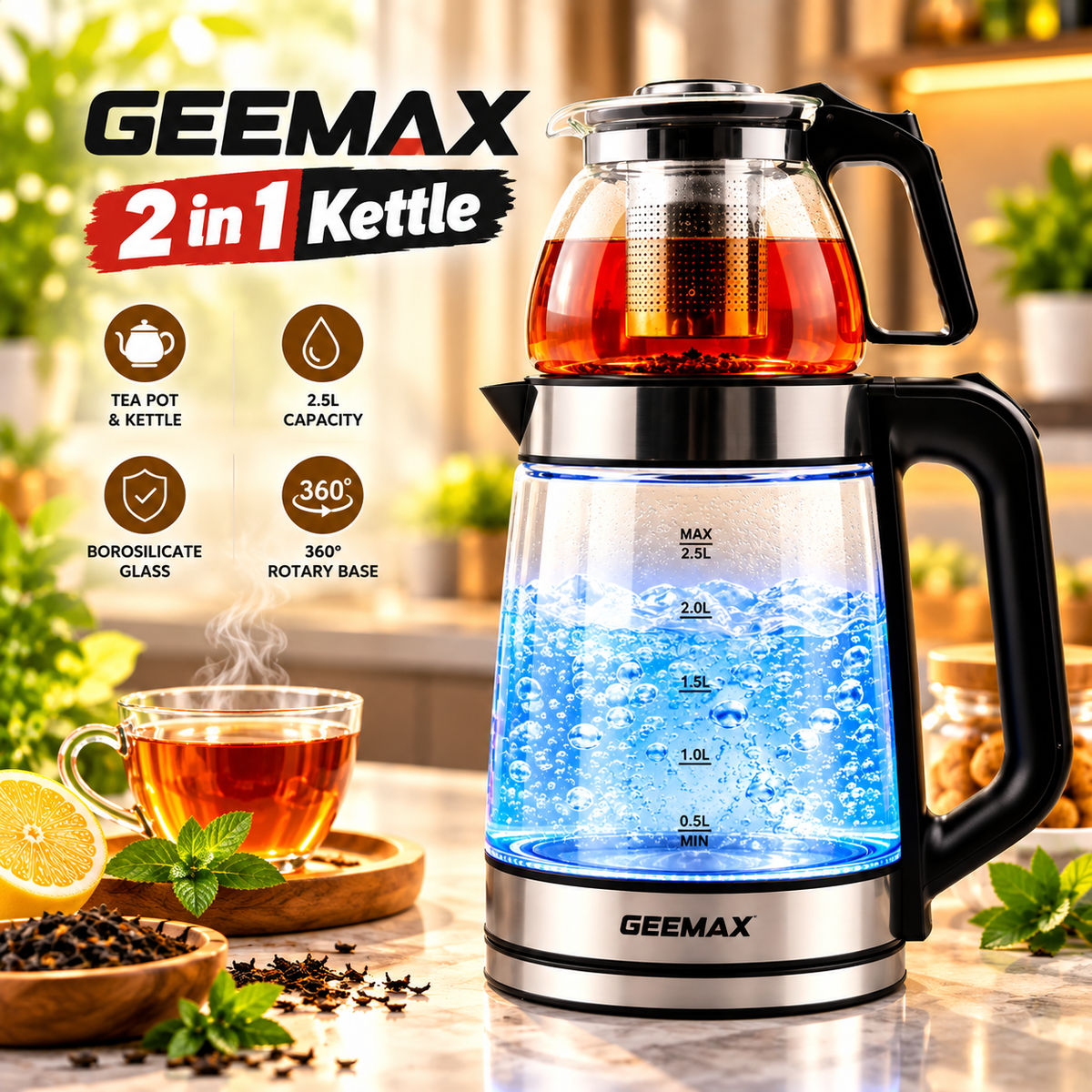 GEEMAX  2-in-1 Electric Glass Kettle,Clear, 2.5L Water Boiler with 1L Teapot, Tea Strainer, Fast Boil, Auto Shut-Off, Cordless Base | GMC 2002