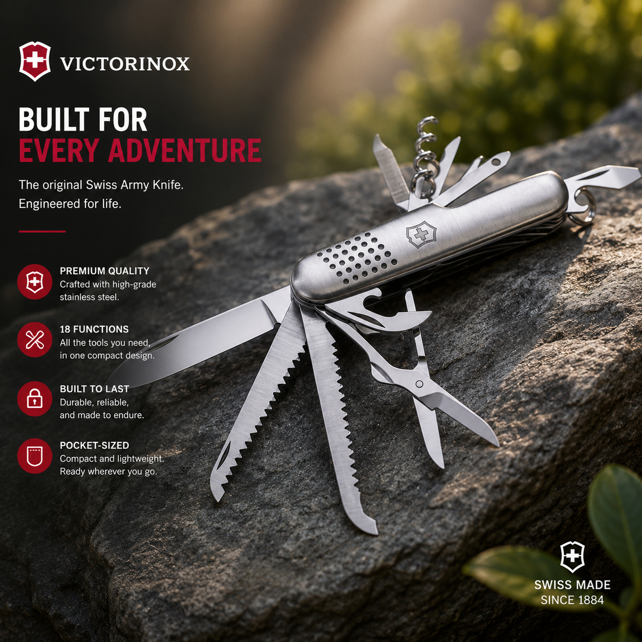 Multifunctional Knife with 11 Stainless Steel Tools for Hunting, Fishing, Camping Etc Small Pocket Folding Keychain Knife with Functions for Experiences and Adventures (Metal)