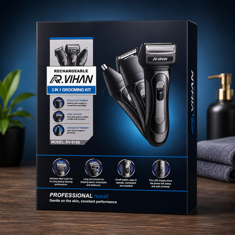 R VIHAN RV-6188 3-in-1 Rechargeable Electric Grooming Kit – Hair Clipper, Foil Shaver & Nose Trimmer for Men