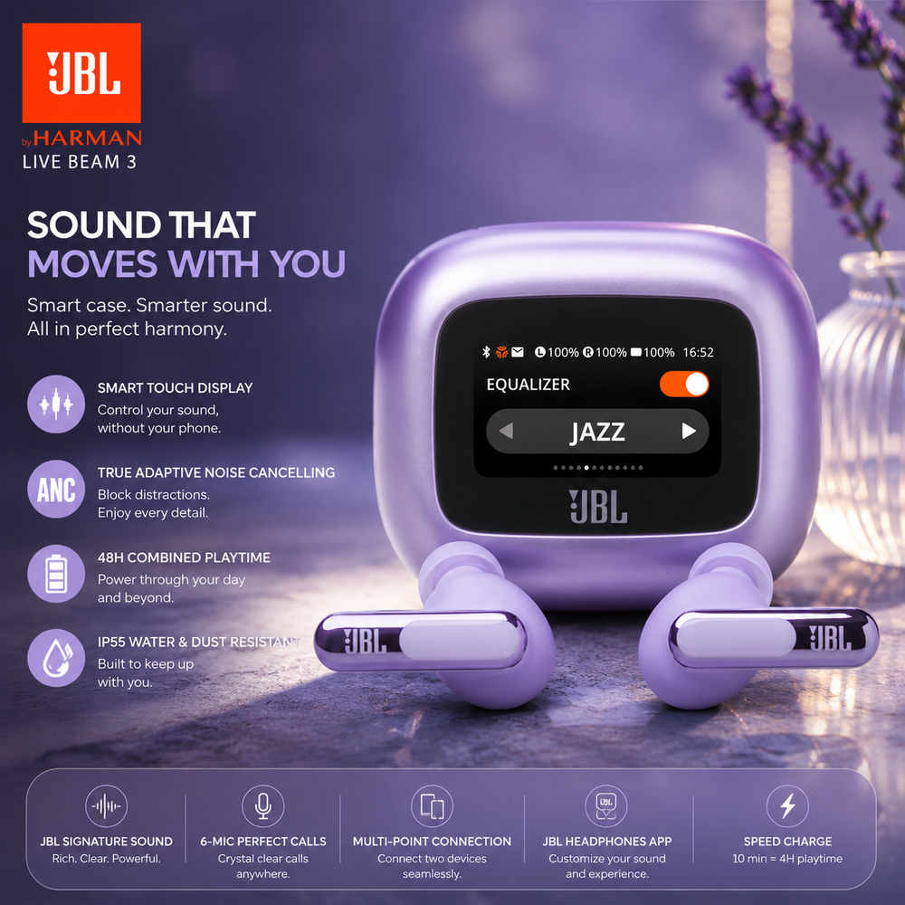 JBL Live Beam 3 True wireless noise-cancelling earbuds with stick-closed design and Smart Charging Case, Purple