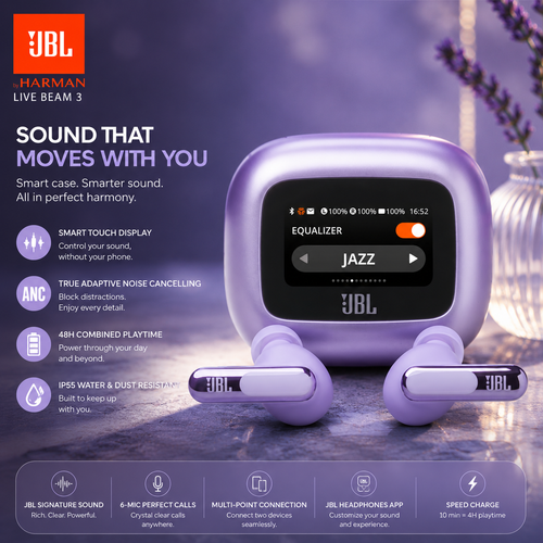 JBL Live Beam 3 True wireless noise-cancelling earbuds with stick-closed design and Smart Charging Case, Purple