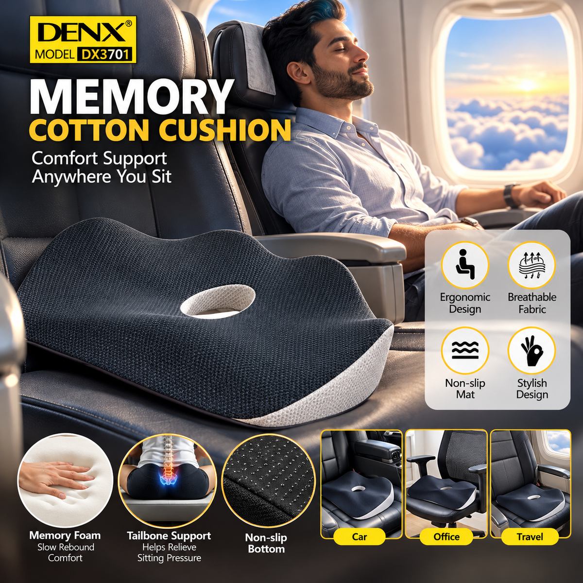 DENX  Memory Cotton Ergonomic Foam Seat Cushion – Posture Support Seat Cushion, Breathable Non-Slip Orthopedic Chair Pillow with Center Pressure Relief Hole | DX3701