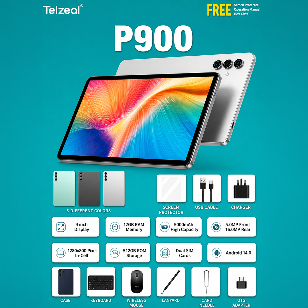 Telzeal P900 12+512GB 5G (1280*800) WiFi Tablet, Android 14, 9-Inch Display, 5000mAh Battery