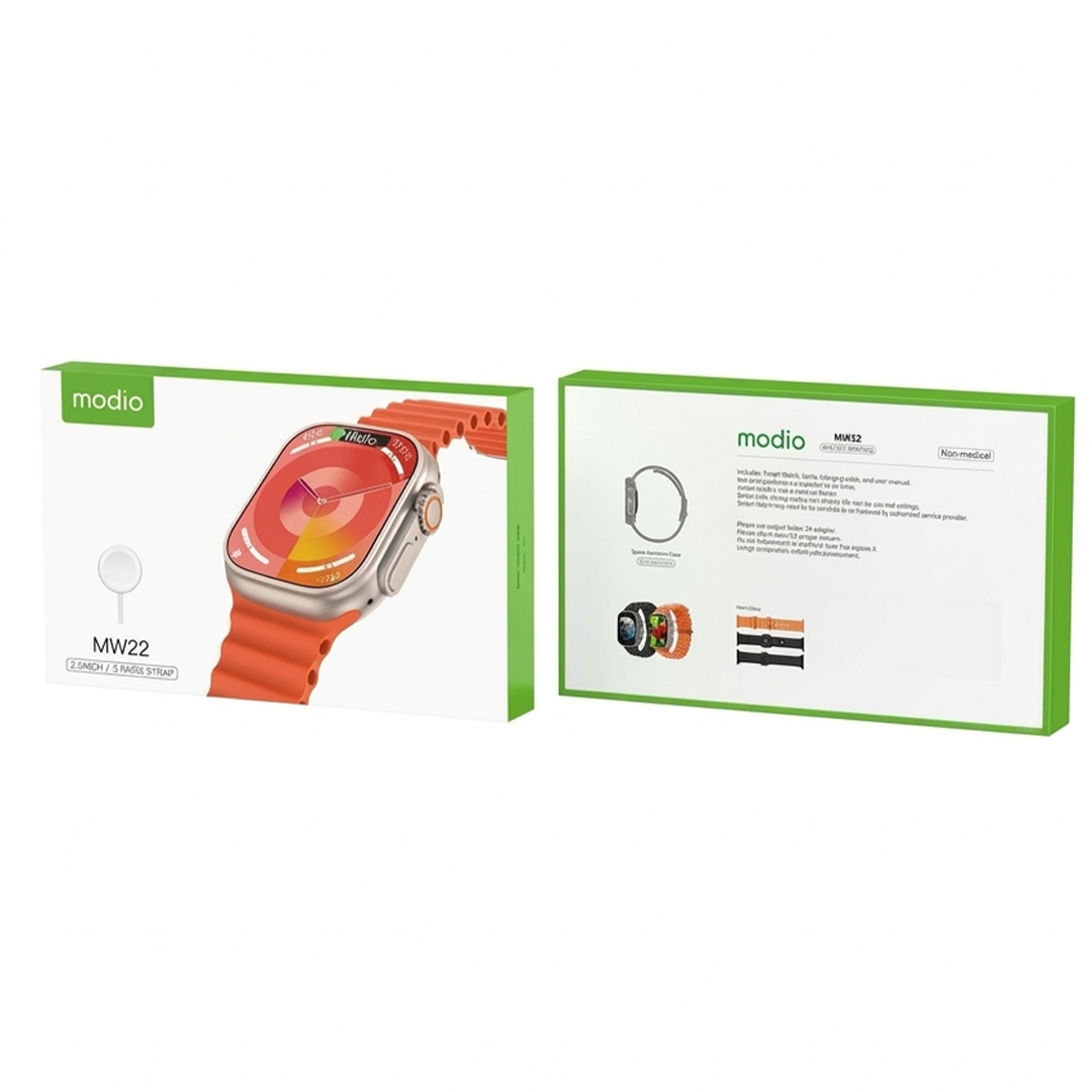 Modio MW22 Smartwatch 2.2 Inch Display With 3 Pair Straps and Charging Cable Designed for Ladies and Gents Gold