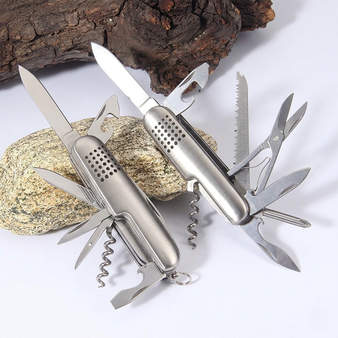Multifunctional Knife with 11 Stainless Steel Tools for Hunting, Fishing, Camping Etc Small Pocket Folding Keychain Knife with Functions for Experiences and Adventures (Metal)