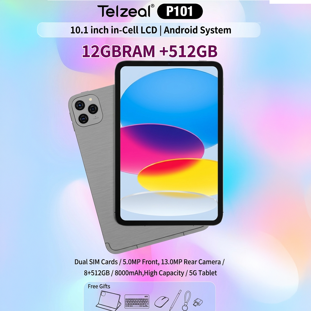 P101 10.1" Android 13 Tablet, 8GB RAM, 512GB ROM, 5G Wi-Fi, Dual SIM, 8000mAh Battery, Wireless Keyboard & Mouse, High-Capacity Storage, Slim Design – silver