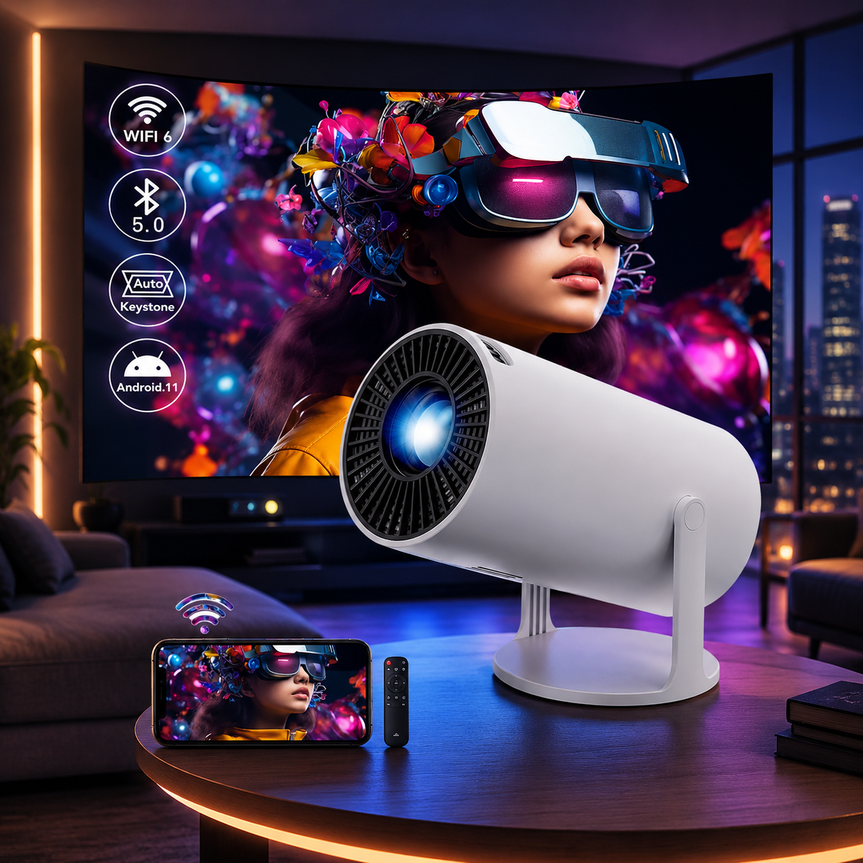 Tanmashi HY300 Pro 4K Smart Projector, WiFi 6 & Bluetooth 5, Portable with Android 11, Auto Keystone Correction, 130 Inch Display, White