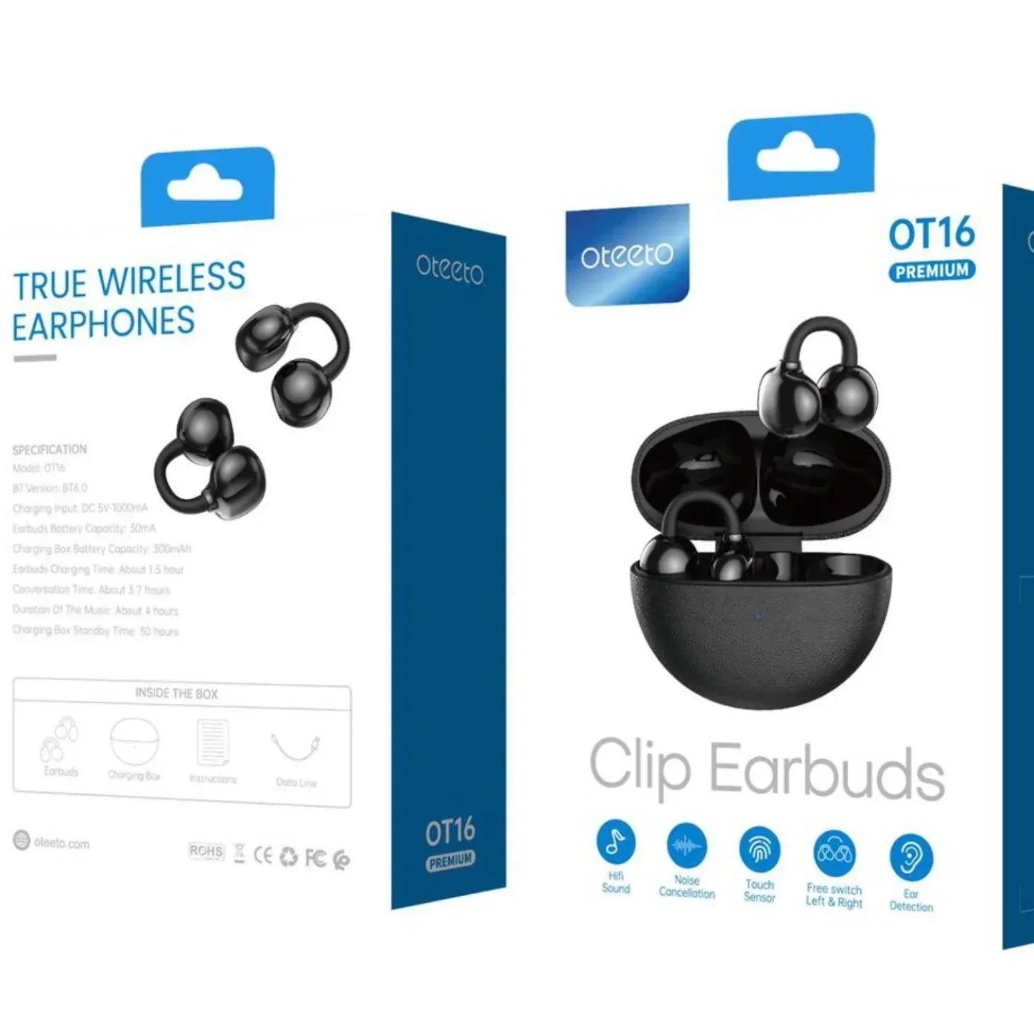 Oteeto OT16 Premium Clip Earbuds with C-Bridge Design, Gesture Control, Active Noise Cancellation, Dual Device Connection.