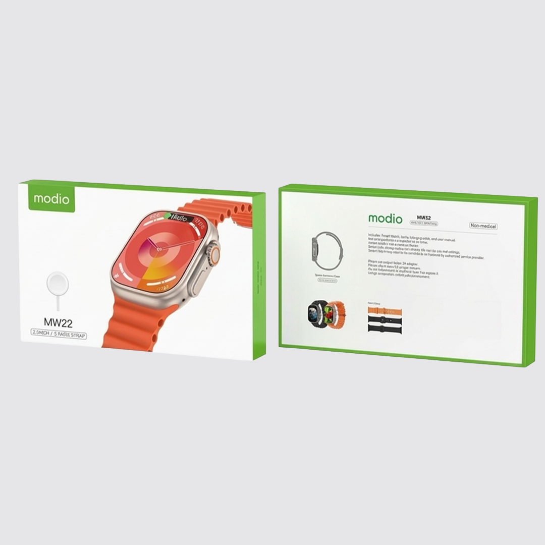 Modio MW22 Smartwatch 2.2 Inch Display With 3 Pair Straps and Charging Cable Designed for Ladies and Gents Gold