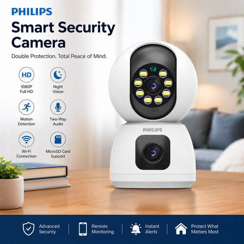 Philips 360° Dual-Lens 3000 Series WiFi Security Camera, Smart Wireless Home IP Camera, Plug-In 1080P FHD with Two-Way Audio Talk, Color Night Vision,
