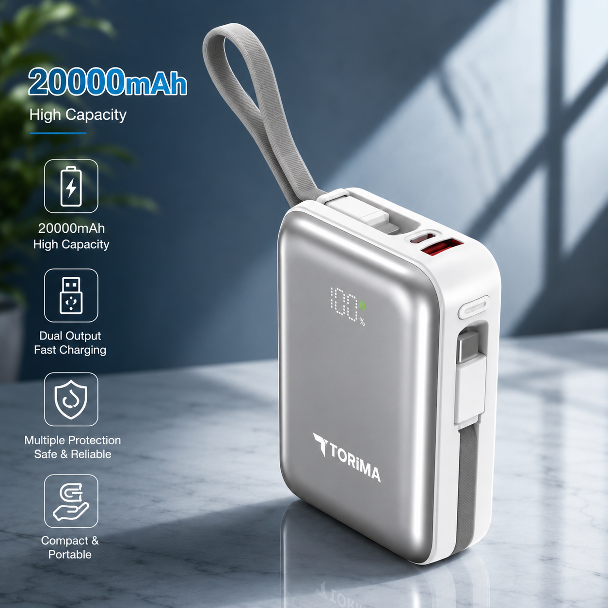 Torima TRM-1028 20000 mAh Power Bank, Fast Charging, Portable, USB-C & USB-A Output, LED Digital Display, High-Capacity,  TRM-1028
