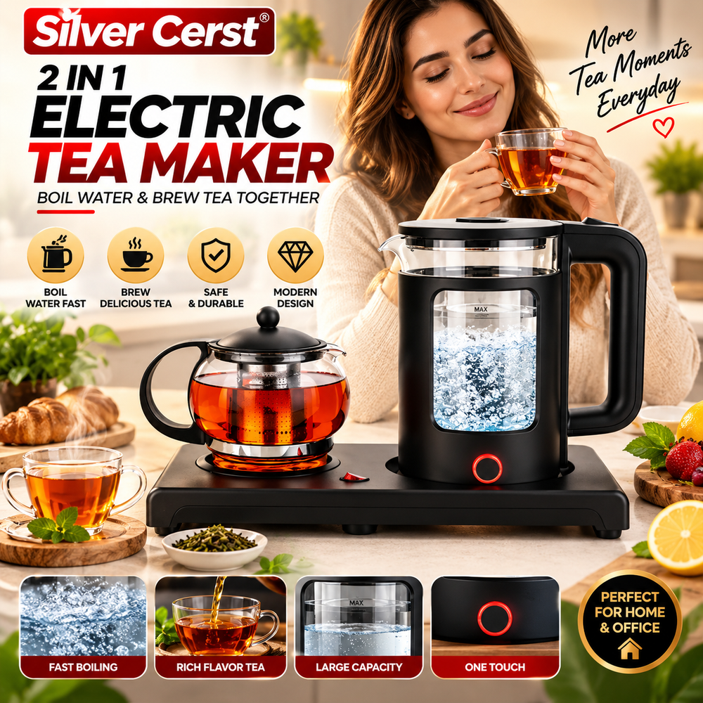 Silver Cerst 2-in-1 Glass Electric Kettle & Teapot, Heat-Resistant Glass Body, Fast Heating, 360 Swivel Base, Black| Model 10067