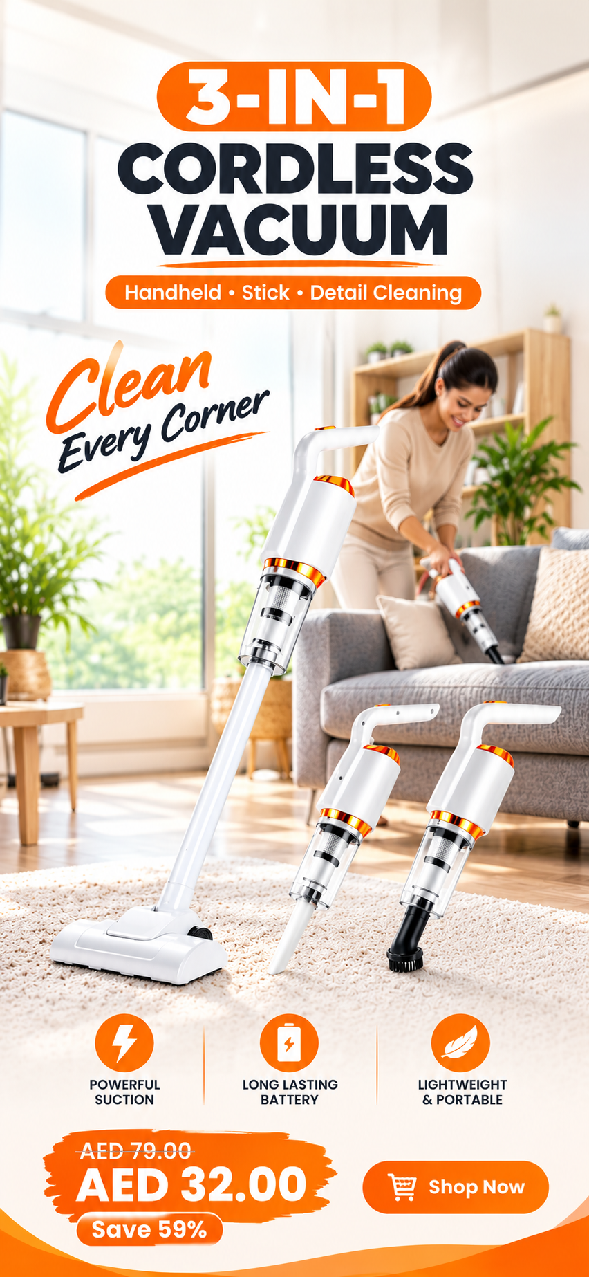 Portable Handheld Wireless Vacuum Cleaner, Corded, USB Rechargeable 120W Power, Lightweight Design 0.6L Capacity, Multifunction Cordless Vacuum Cleaner, White