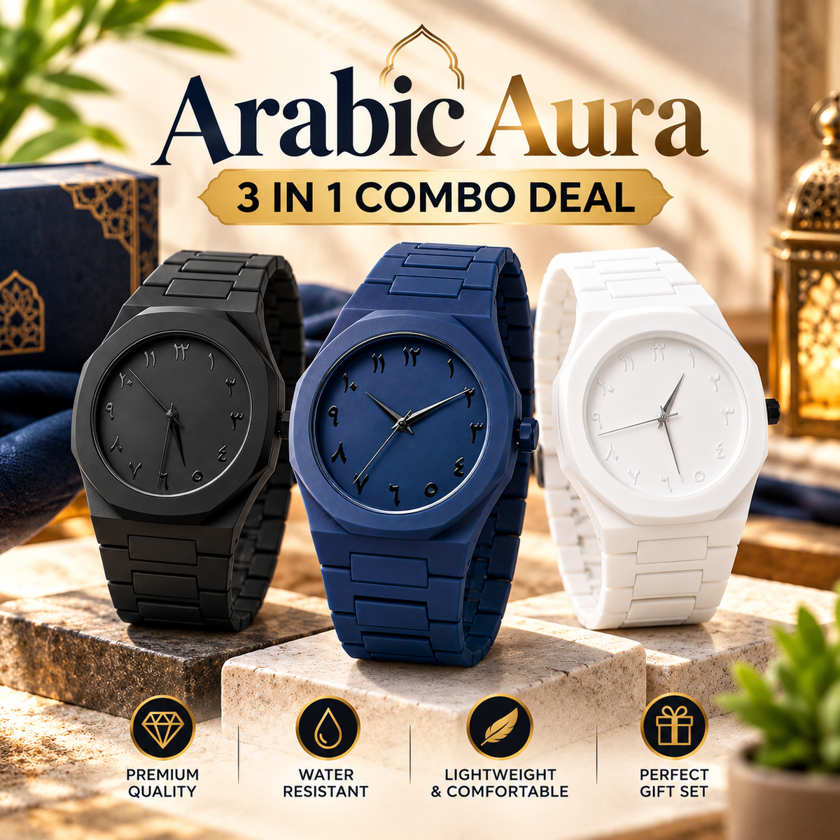 3 In 1 Combo  Offer | Arabic Aura Premium Arabic Numeral Couple Watch Set -| Unisex Quartz Wrist Watches