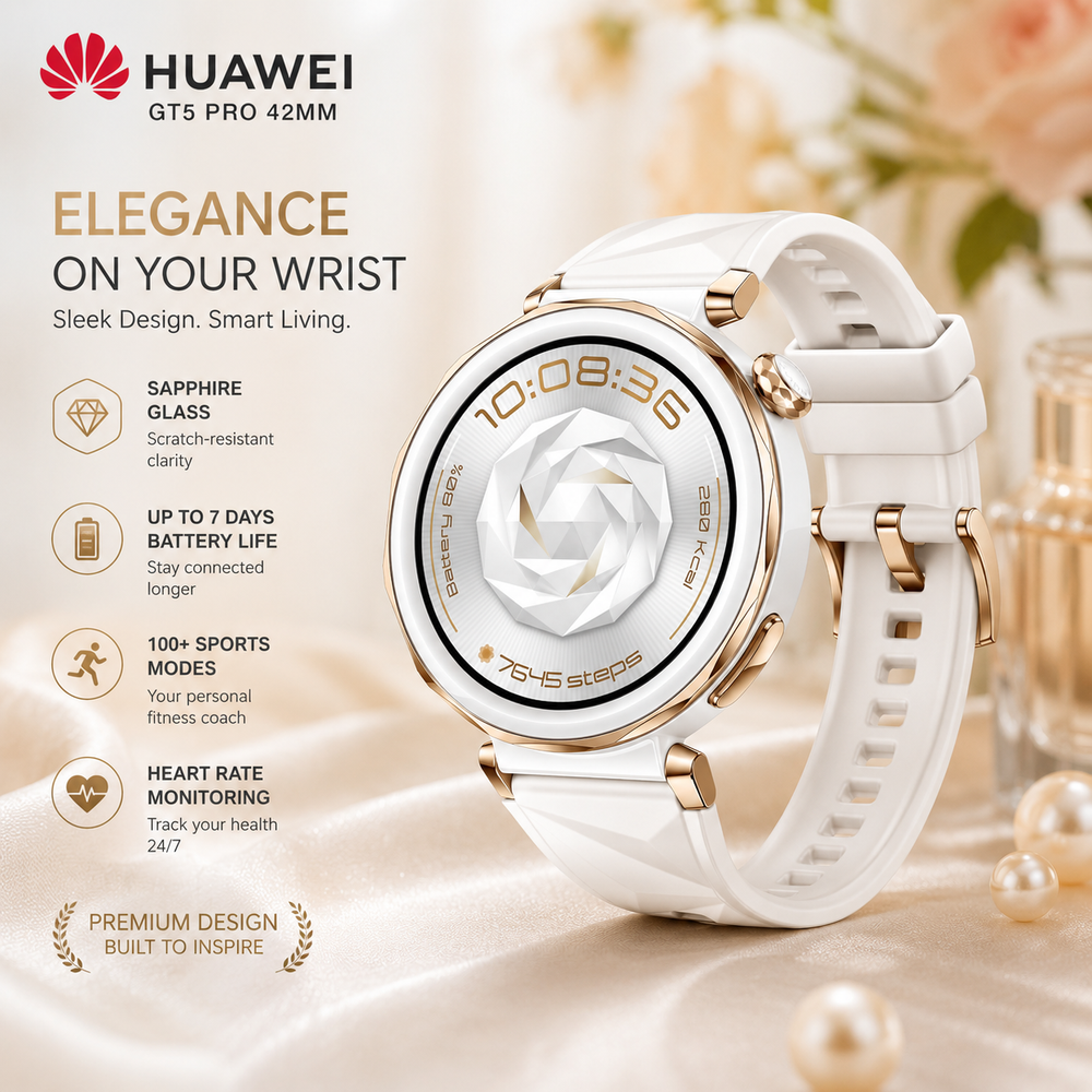 HUAWEI WATCH GT5 Pro 42 mm Smartwatch, Sharp-Edged Design, upto7 Days Battery Life, Pro-level Sports Watch, iOS & Android Compatible, White