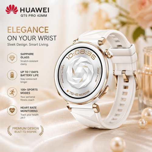 HUAWEI WATCH GT5 Pro 42 mm Smartwatch, Sharp-Edged Design, upto7 Days Battery Life, Pro-level Sports Watch, iOS & Android Compatible, White