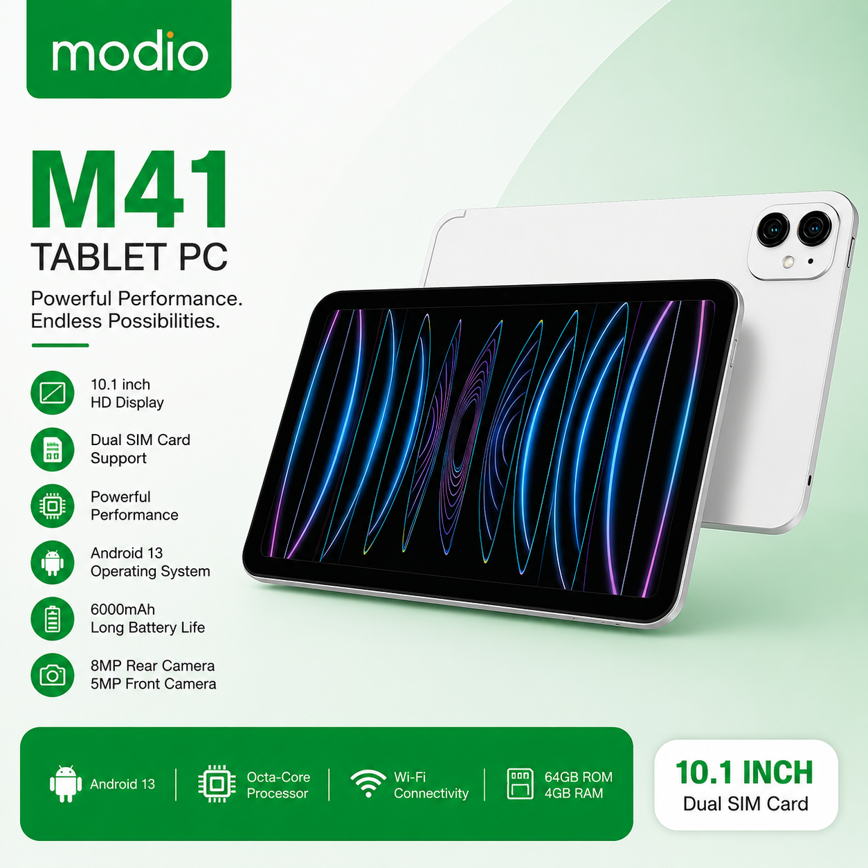 Modio M41 Tablet PC Silver | 10.1-Inch Display | 16GB RAM + 1TB ROM | Dual SIM | 8000mAh | Android 13 | 13MP+8MP Camera | with Keyboard, Mouse & Stylus
