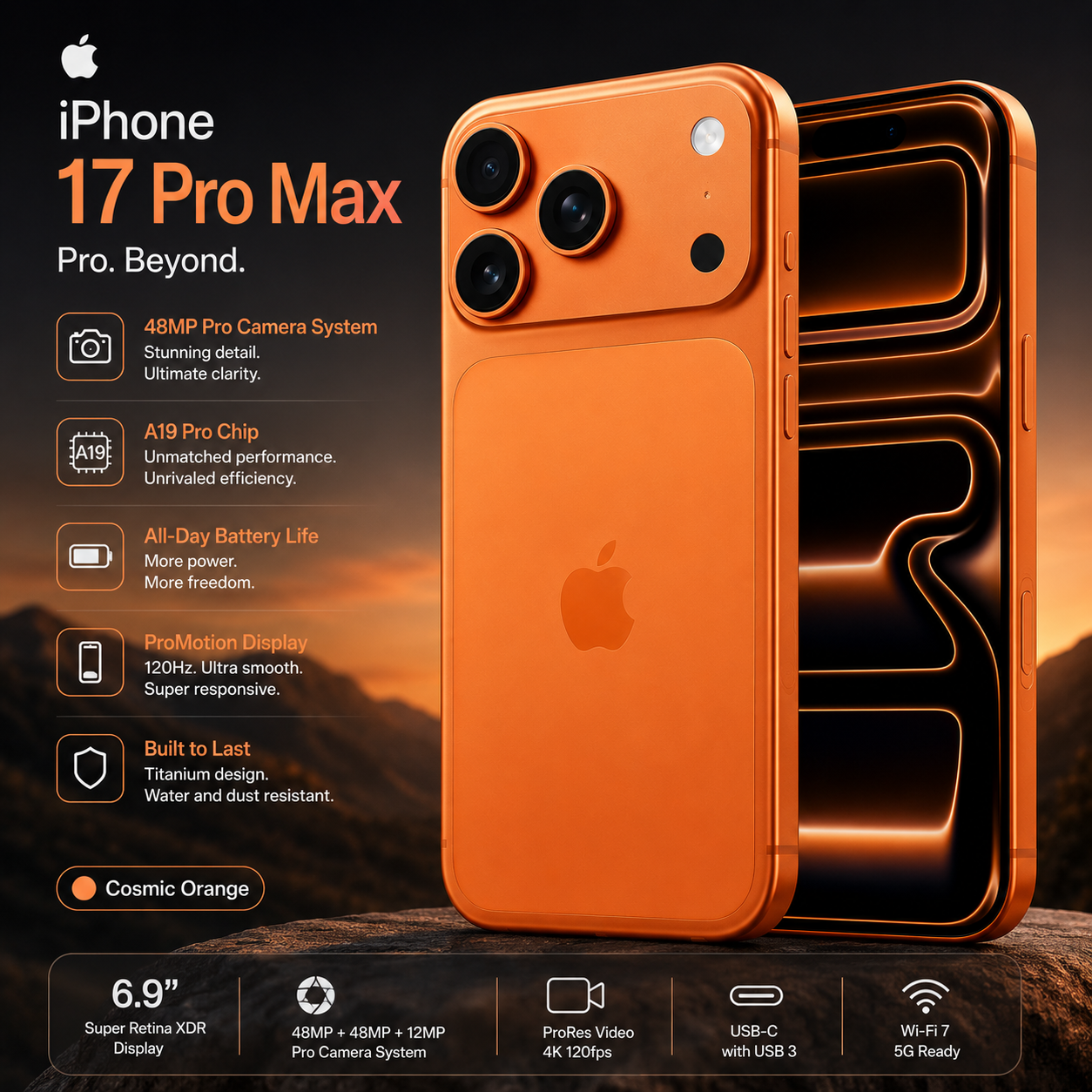 Apple iPhone 17 Pro Max 256 GB (e-Sim only) Orange 5G With FaceTime - International Version