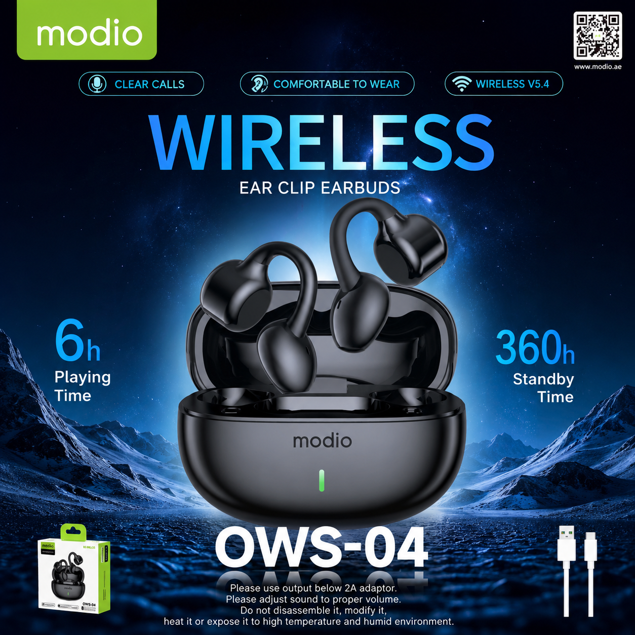 MODIO OWS-04 Wireless Ear Clip Earbuds – Bluetooth 5.4 Open-Ear Headphones with Charging Case, HD Calls & Long Battery Life