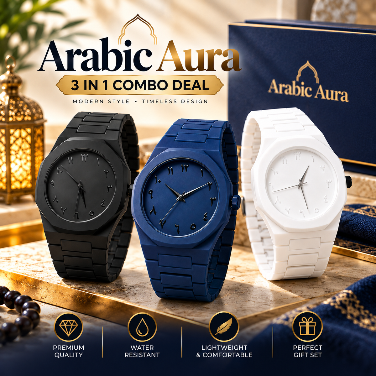 3 In 1 Combo  Offer | Arabic Aura Premium Arabic Numeral Couple Watch Set -| Unisex Quartz Wrist Watches