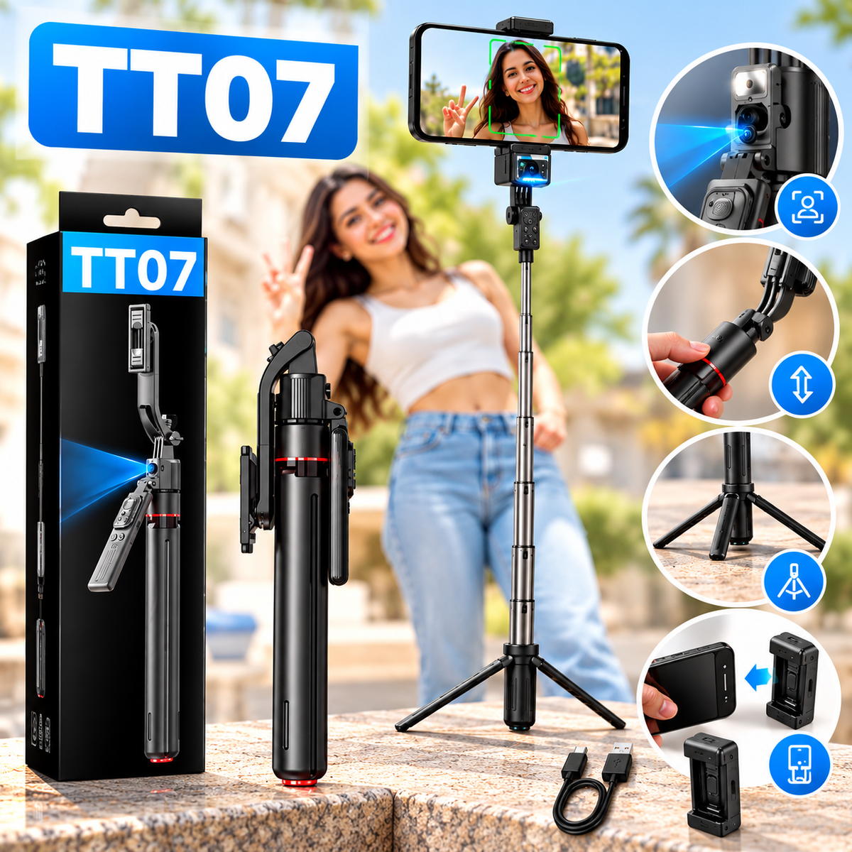 TT07 AI Tracking Gimbal Selfie Stick with Tripod & Remote Control – 1.63M | Auto Face Tracking, Black Extendable Monopod with Wireless Remote