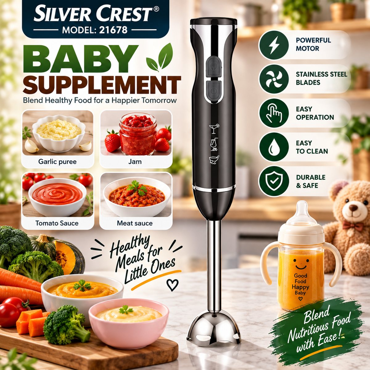 Silver Crest 21678 Hand Blender – Stainless Steel Immersion Blender | Kitchen Gadgets Portable | Powerful Handheld Mixer Blender Stick for Shakes Soup Puree Meat Jams Garlic Tomato