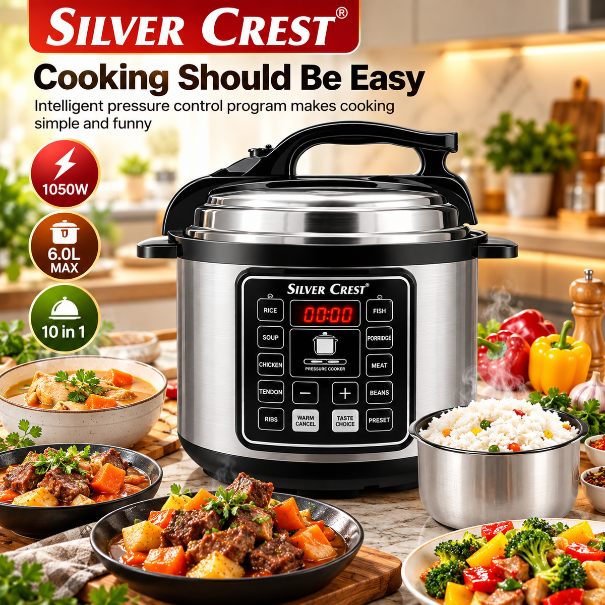 Silver Crest 6L Electric Pressure Cooker – 1050W Multifunctional Digital Programmable Cooker, Digital Controls, 10 Cooking Programs, Programmable Rice Cooker, Fast Cooking & Keep Warm Function