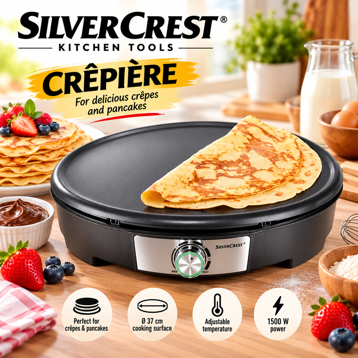 Silver Crest Electric Crêpe Maker 37cm – 1500W Non-Stick Pancake Griddle