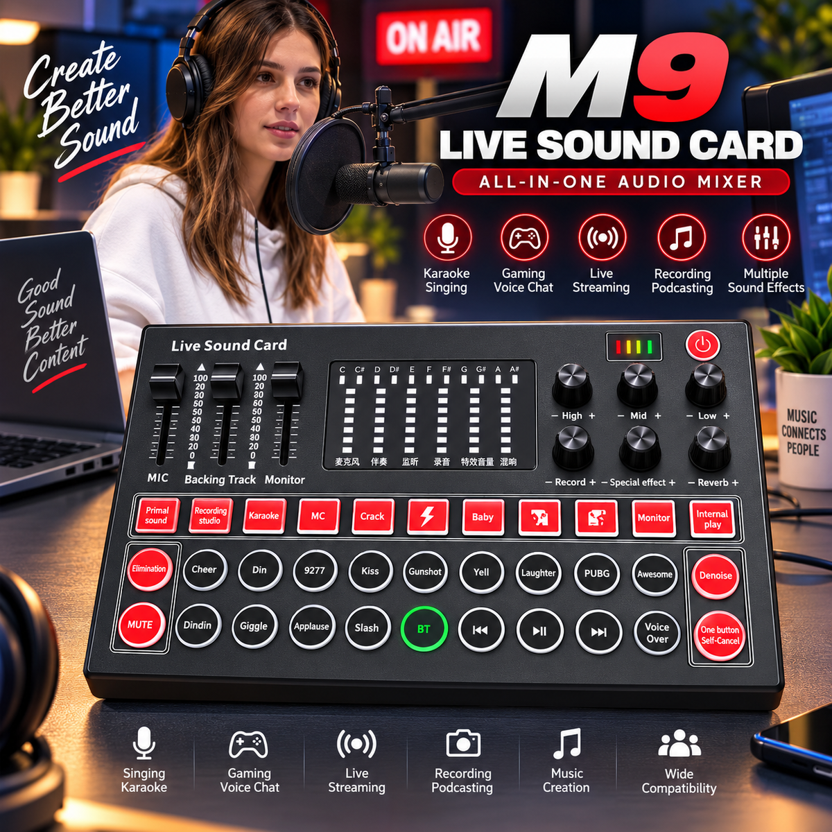 M9 Live Sound Card &Voice Mixer | Professional Audio Mixer with Bluetooth, Voice Effects & LED Display  Multi functional Tuning Sound Card, High/middle/bass Adjustable
