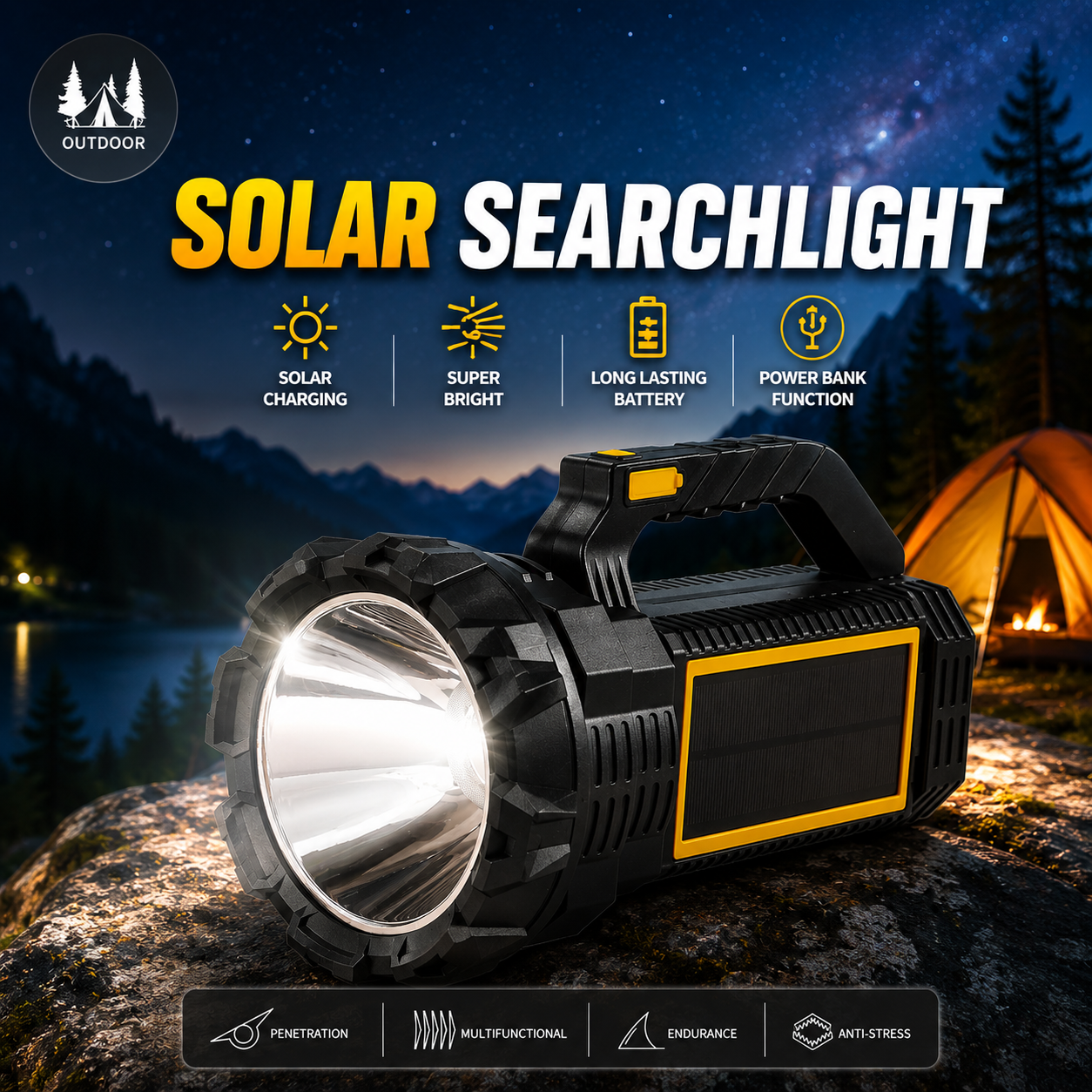 P70 Higlight Solar Searchlight – High Power LED Rechargeable Torch with Solar Charging W5191