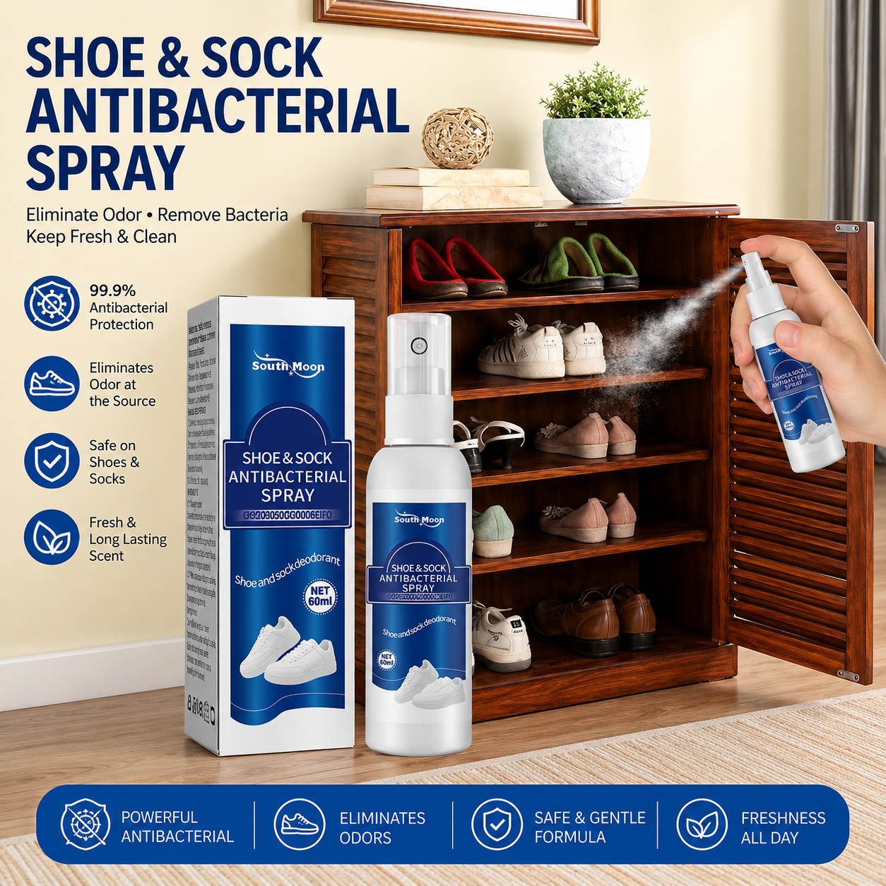 South Moon Model S0072302031 Shoe & Sock Antibacterial Spray 60ml – Foot Odor Eliminator & Fresh Shoe Deodorizer |