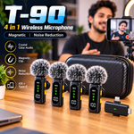 T-90 4-in-1 Wireless Microphone – 4 Mics, Noise Reduction & Magnetic Clip ,Lavalier Microphone Digital  Display Noise Cancelling
