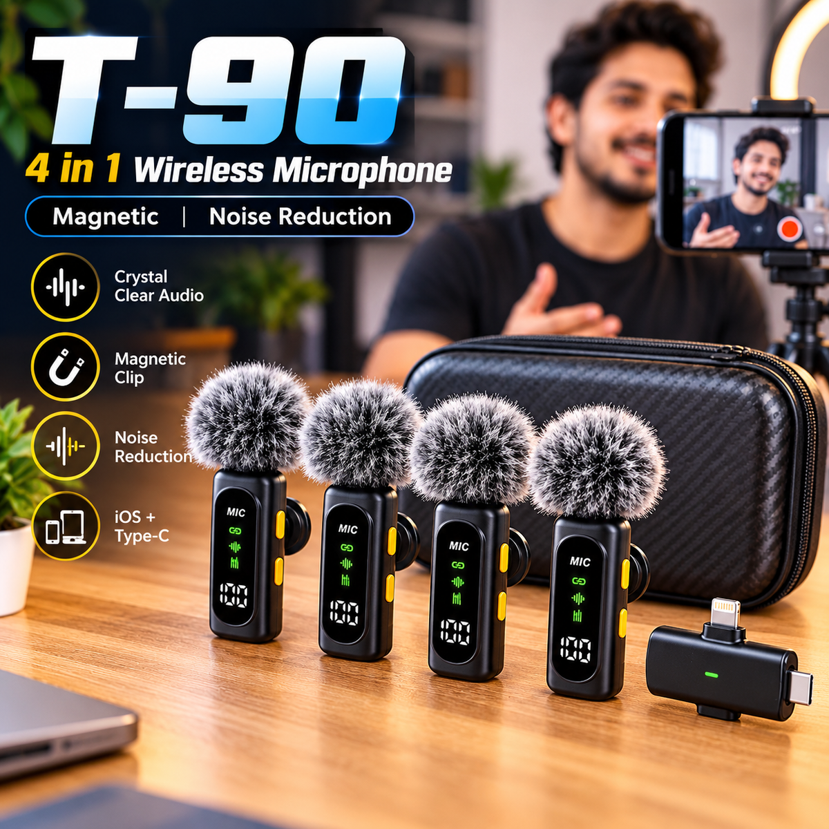 T-90 4-in-1 Wireless Microphone – 4 Mics, Noise Reduction & Magnetic Clip ,Lavalier Microphone Digital  Display Noise Cancelling