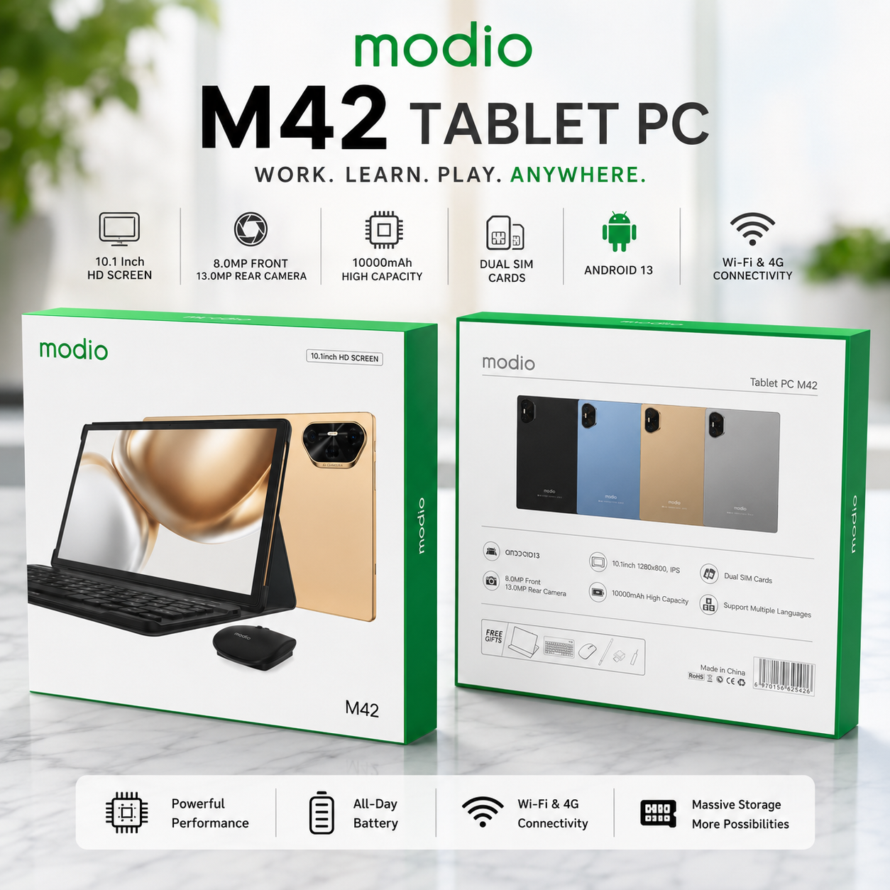 Modio M42 10.1" Tablet PC | 6GB RAM + 128GB ROM | Dual SIM | 4G LTE | Keyboard & Mouse