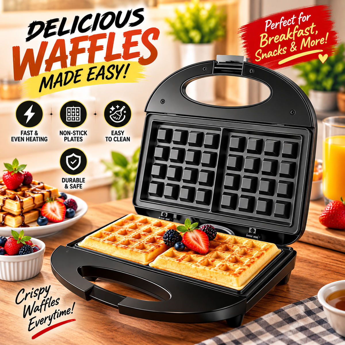 Moliax  MX 1709 Waffle Maker – Non-Stick Belgian Waffle Maker for Crispy Homemade Waffles with Non Stick Coating and Cool Touch Handle