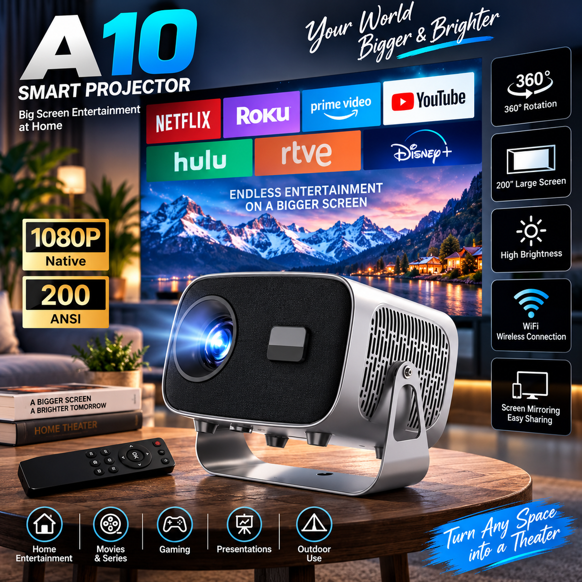 A10 Android Projector Support WIFI/BT5.0 4K Portable Projector with Autofocus & Keystone 5W Speakers Smart Home Projector for Phone Laptop