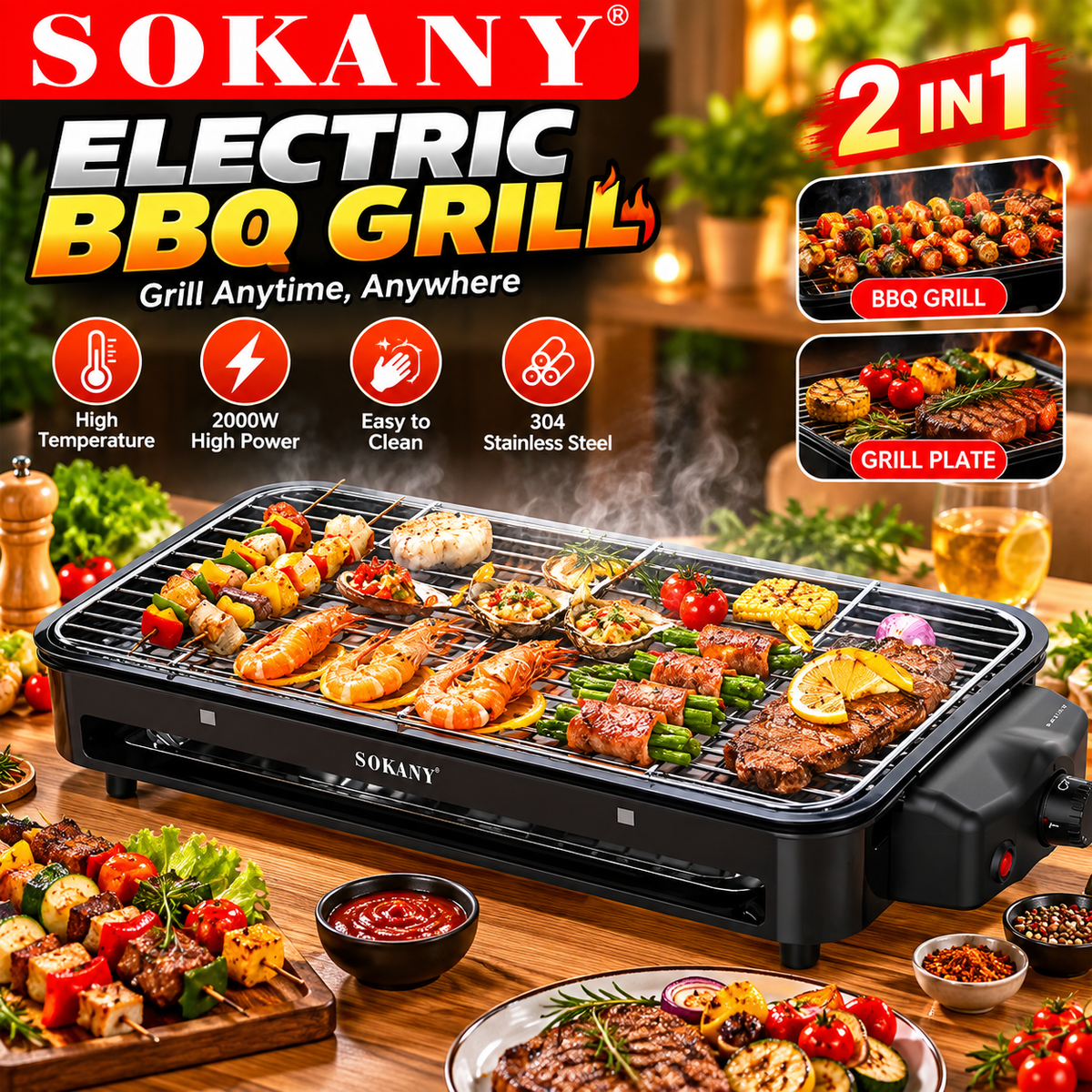 SOKANY SK-6112 2-in-1 Electric Barbecue Grill 1500W Non-Stick – 2000W High Power