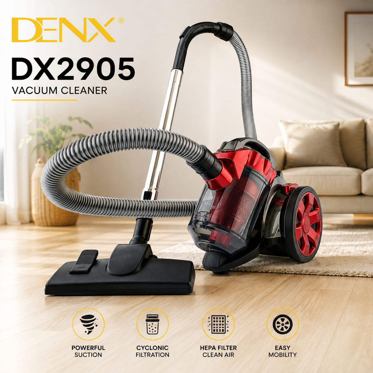 DenxDX2905 Vacuum Cleaner 1200W | Bagless Canister Vacuum | 2.2L Dust Capacity | 4.2m Power Cord | 2-in-1 Brush | Powerful Home Cleaning Machine