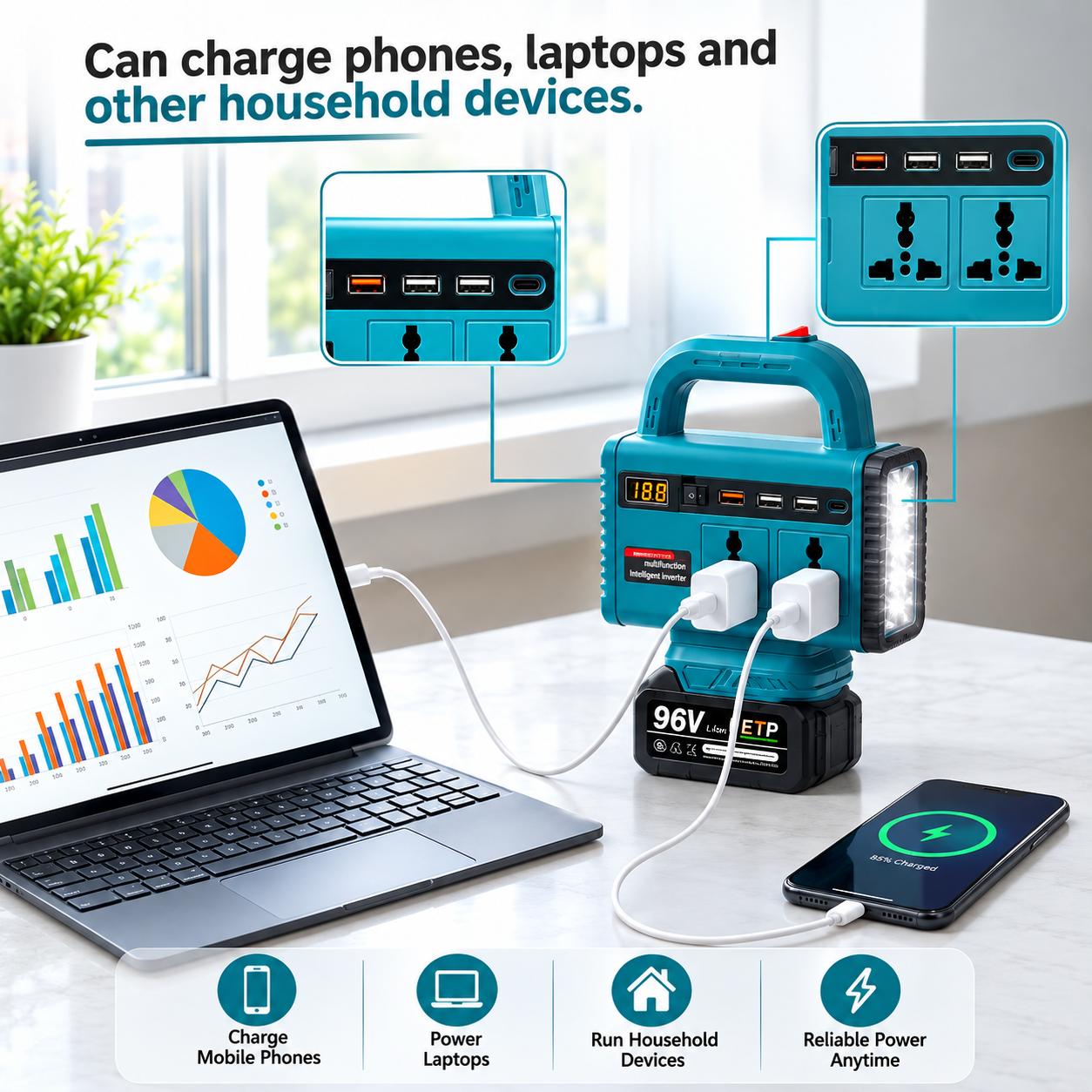 COOKCHEN | 96V All In One Portable Power Station | Multi-Function Inverter with LED Light