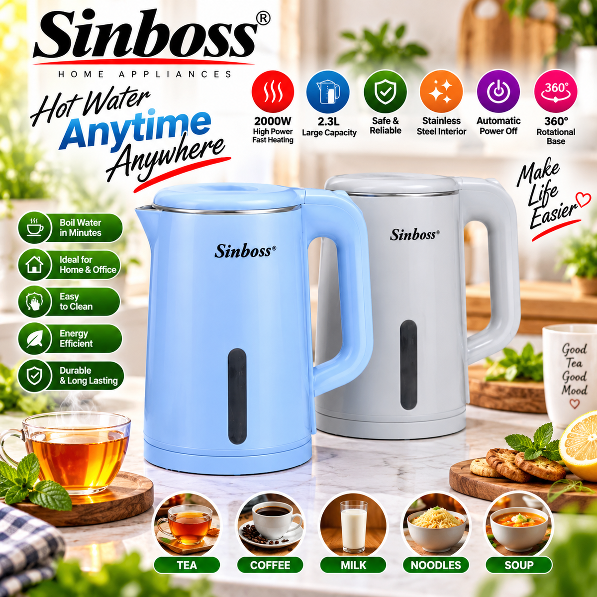 Sinboss SO-8862 High Quality Electric Kettle 2000W 2.3L Blue/Purple Rapid Boil Water Heater