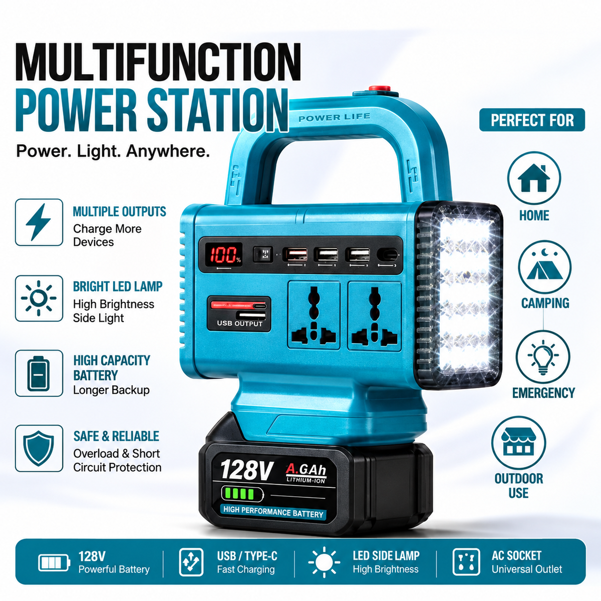 BT |  All-in-One Power Station – 128V Lithium-Ion Battery | Portable Power Supply with LED Light