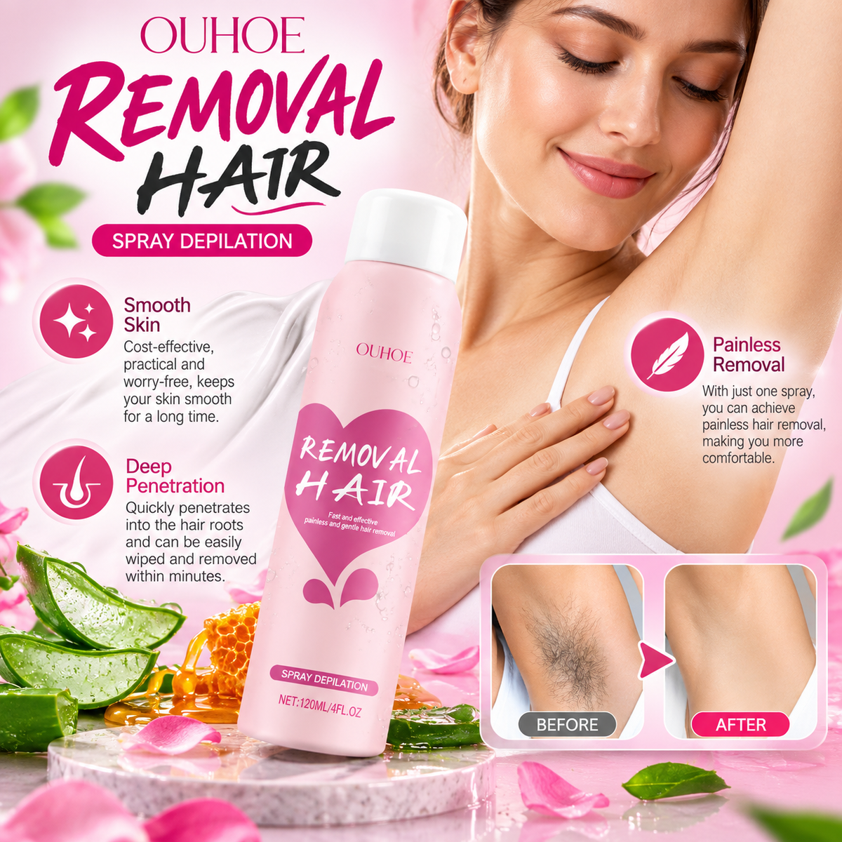 OUHOE  Hair Removal Spray 120ml, Fast and Efficient Gentle and Painless Hair Removal For Smooth Skin